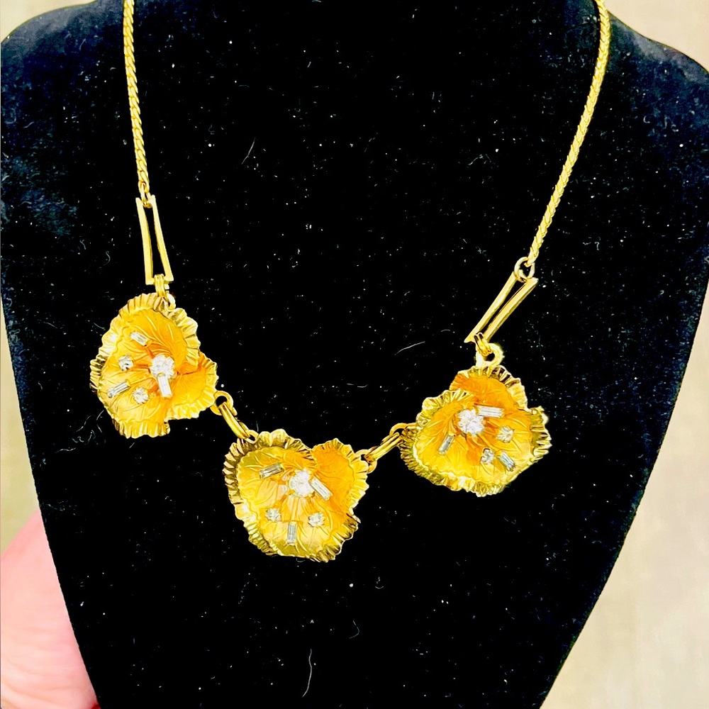 Vintage 1950s Gold-Tone Rhinestone Floral Statement Necklace